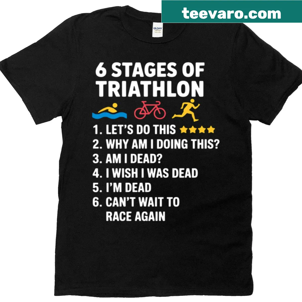 Graphic depicting the six stages of triathlon on a t-shirt — on a men's t-shirt