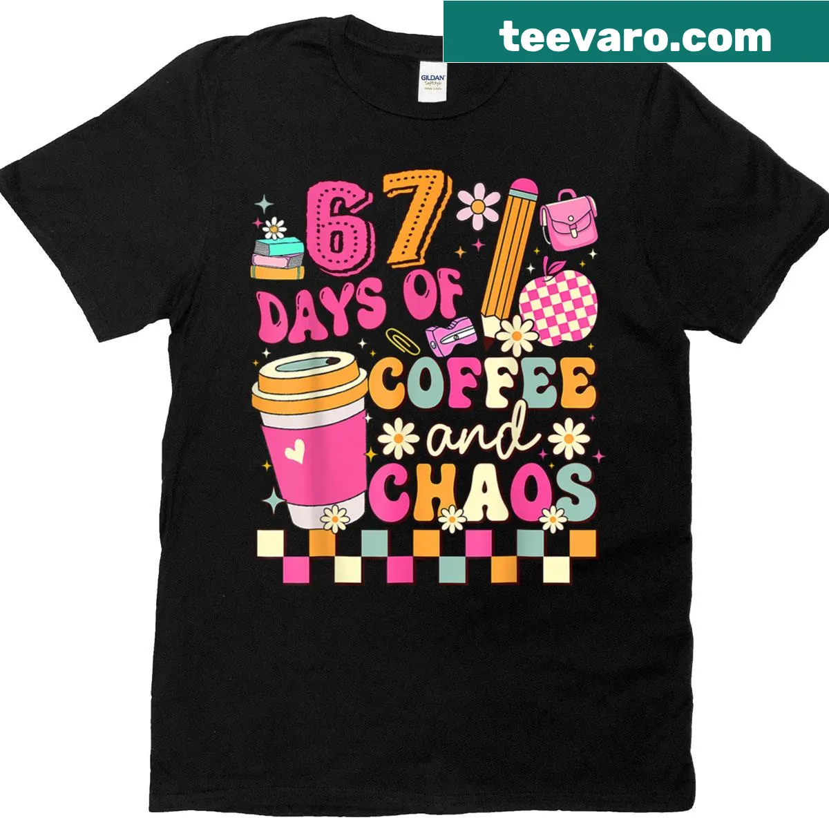 Coffee lover teacher t-shirt for the 67th day of school with humorous graphic — on a men's t-shirt