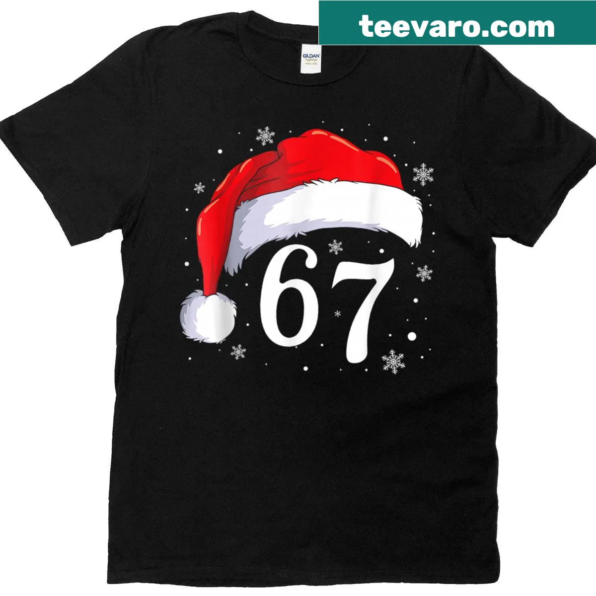Humorous '67 Six Seven Santa' text graphic on a Christmas T-shirt — on a men's t-shirt