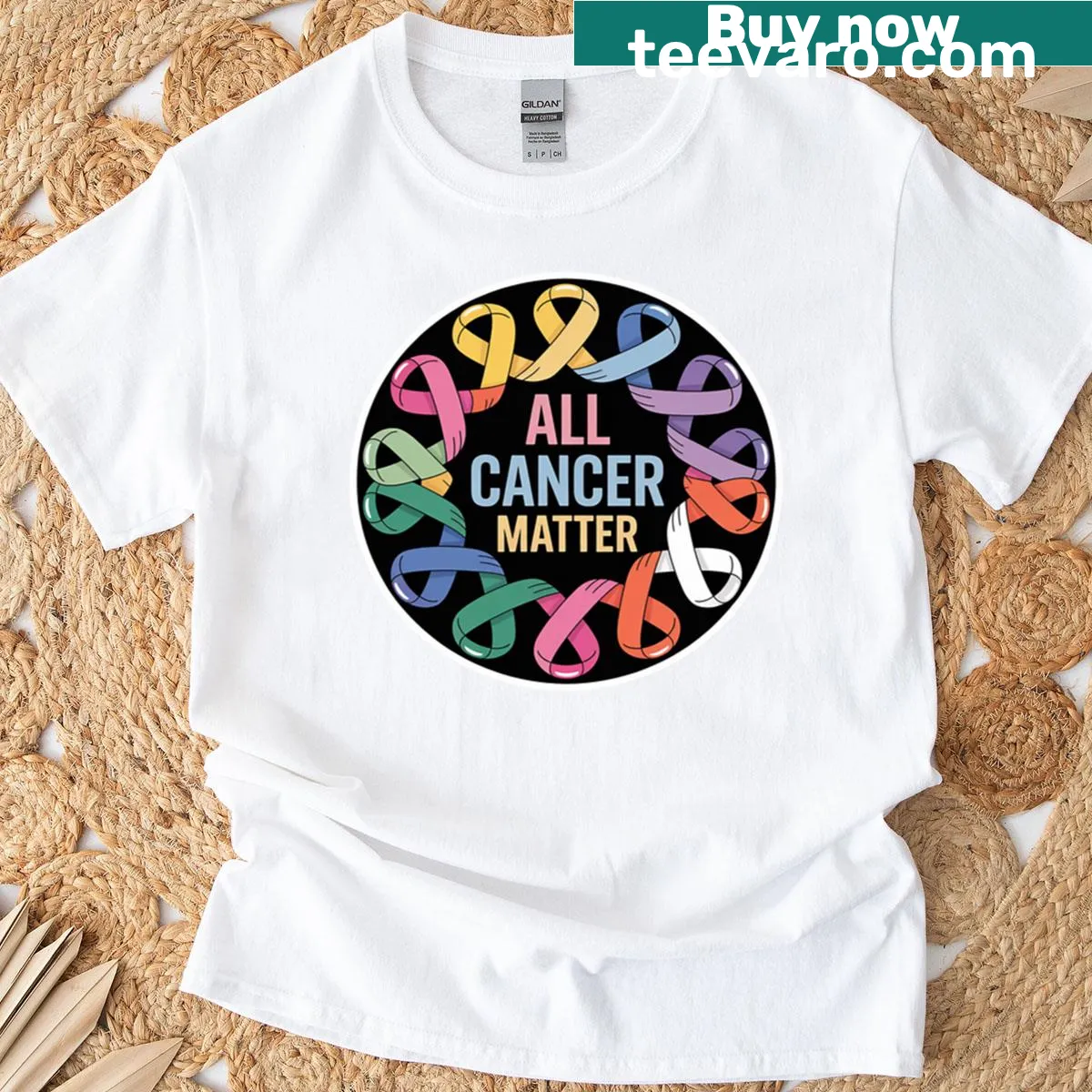 Cancer awareness t-shirt with colorful ribbons and supportive text — on a men's t-shirt