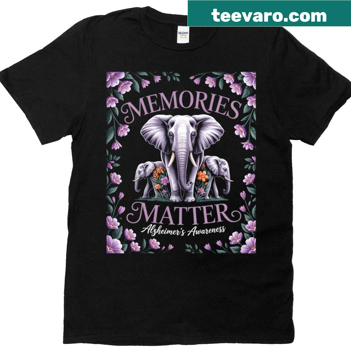 Purple elephant graphic t-shirt for Alzheimer's awareness — on a men's t-shirt