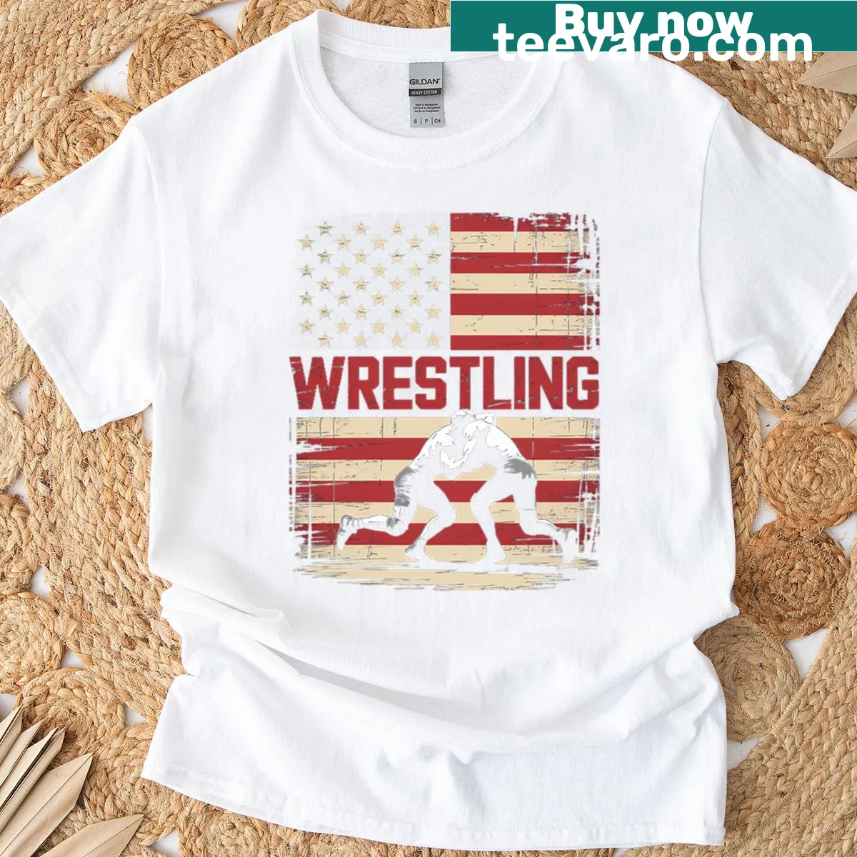 Wrestling T-shirt featuring US flag design and wrestling illustration — on a men's t-shirt