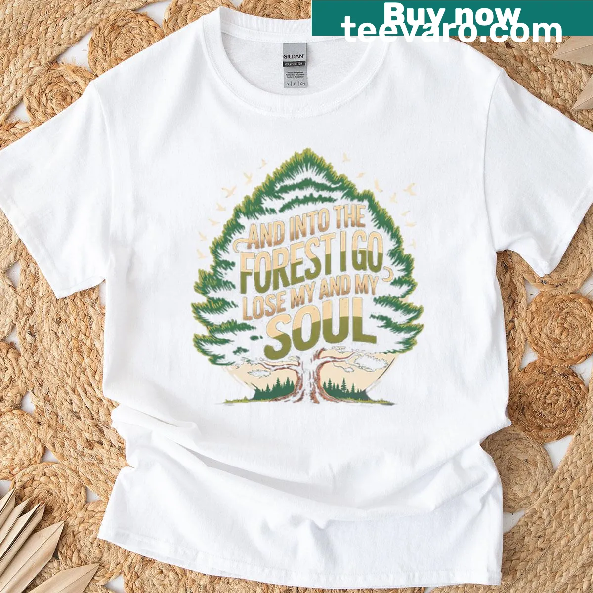 Inspirational nature-themed shirt with text about losing one's mind in the forest — on a men's t-shirt