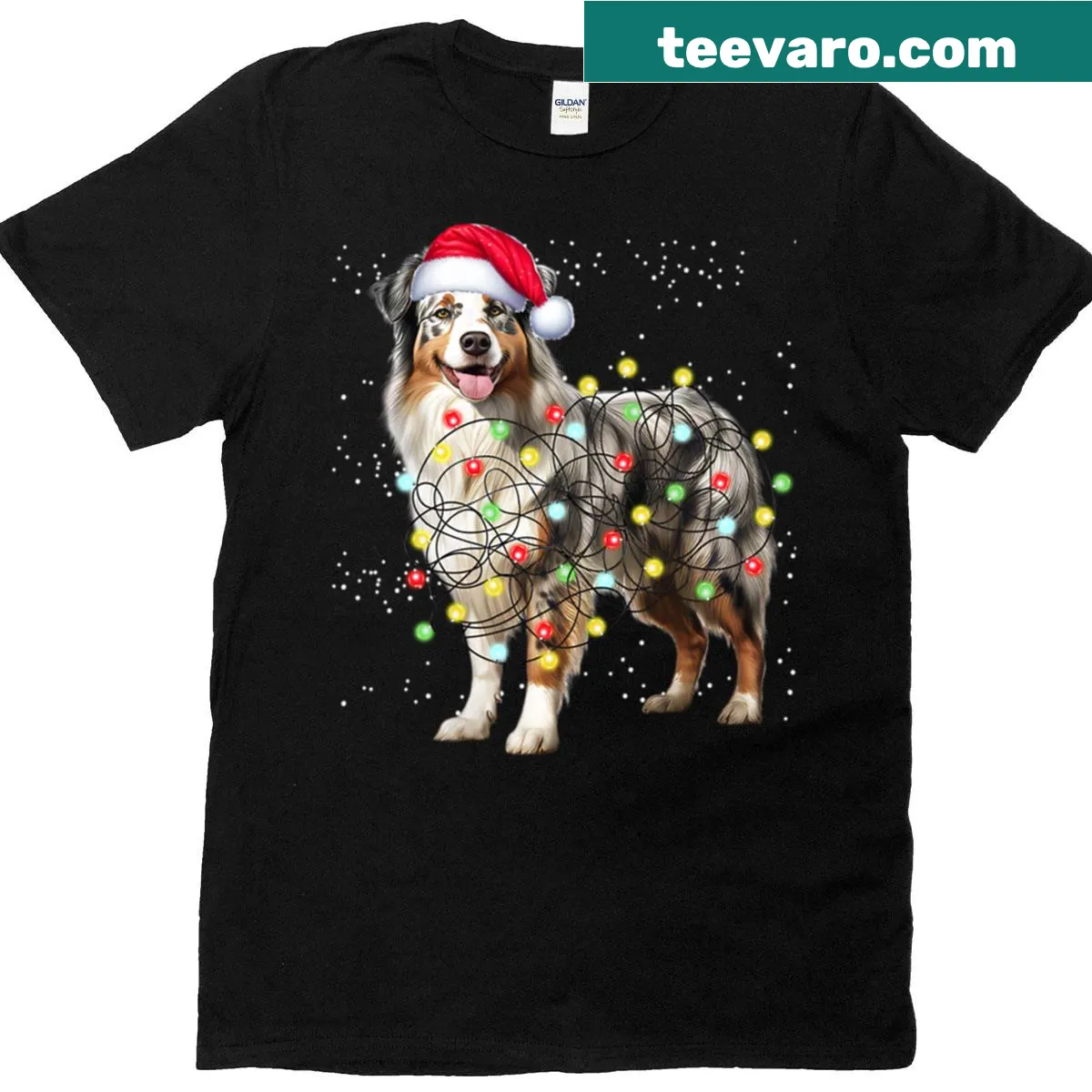 Illustration of an Australian Shepherd under a Christmas tree — on a men's t-shirt