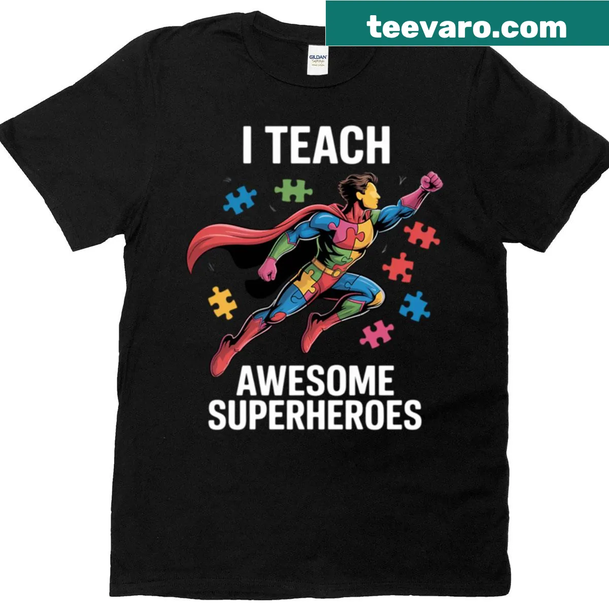 T-shirt for teachers with 'I Teach Awesome Superheroes' text — on a men's t-shirt