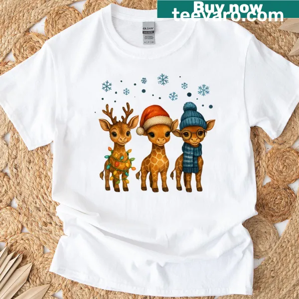Cute baby giraffe in a Santa hat with Christmas lights illustration