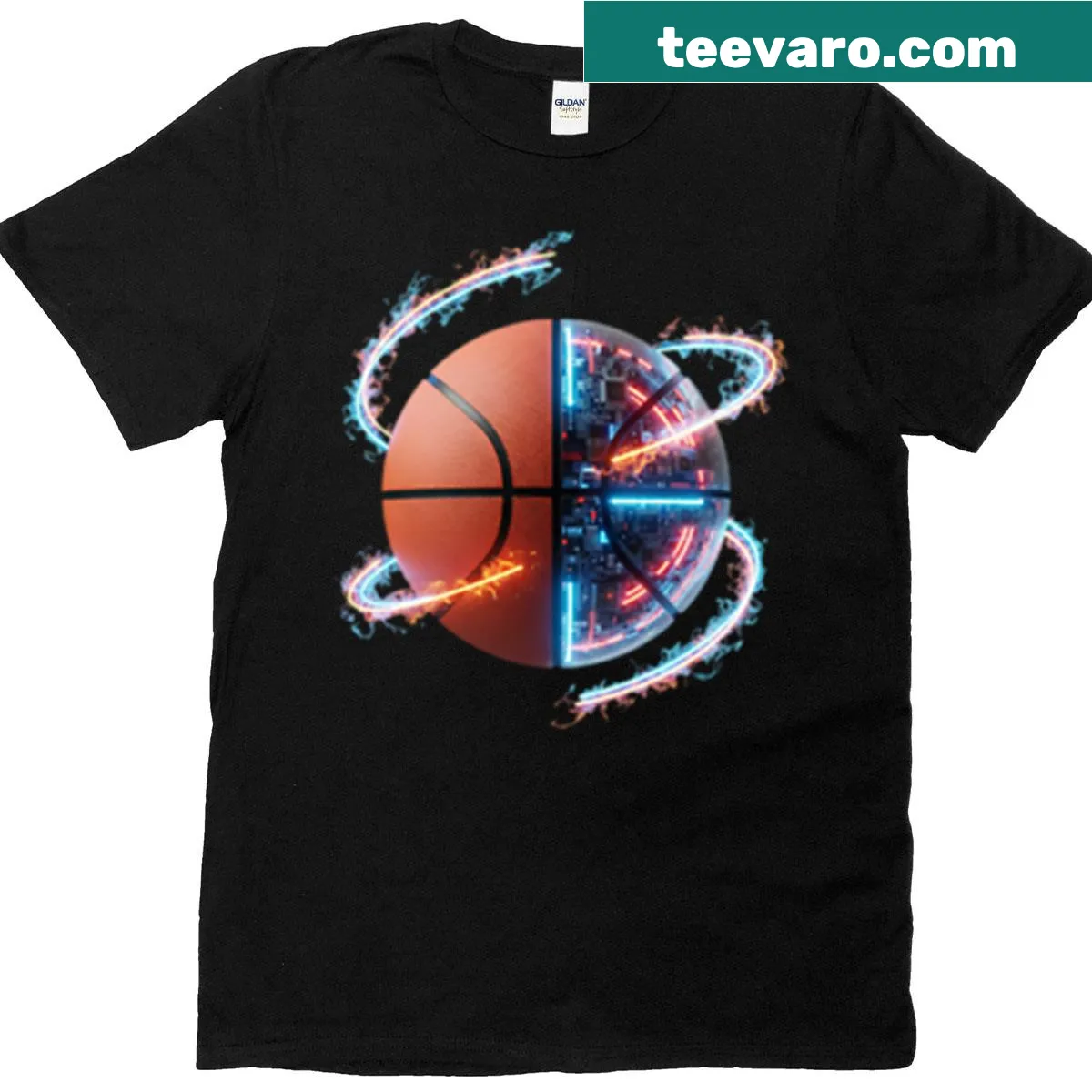 Cybernetic basketball-themed T-shirt with circuit board design — on a men's t-shirt