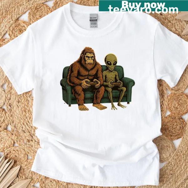 Cute Christmas t-shirt featuring Bigfoot, aliens, and Santa Claus