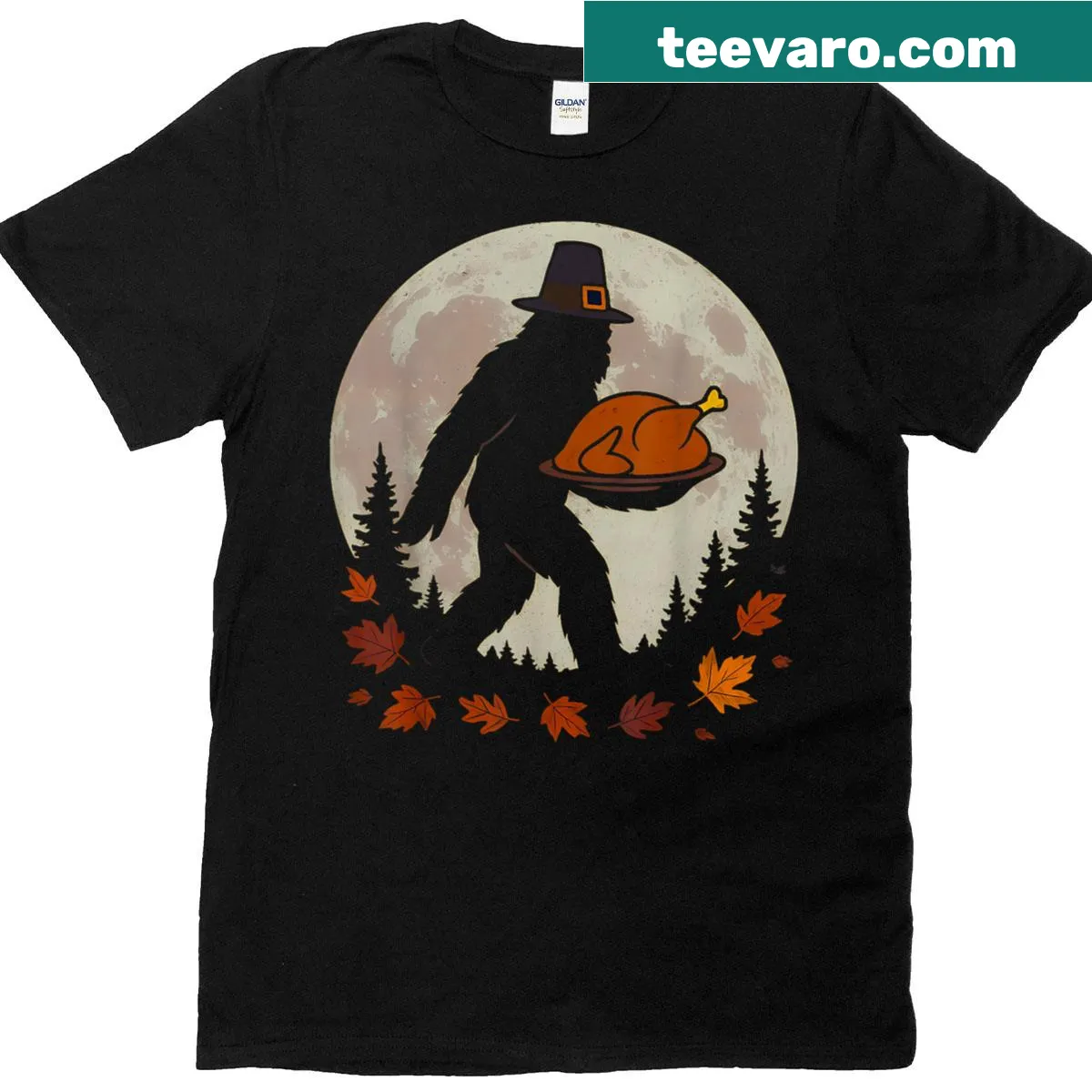 Thanksgiving T-shirt featuring Bigfoot as a pilgrim with roasted turkey. — on a men's t-shirt