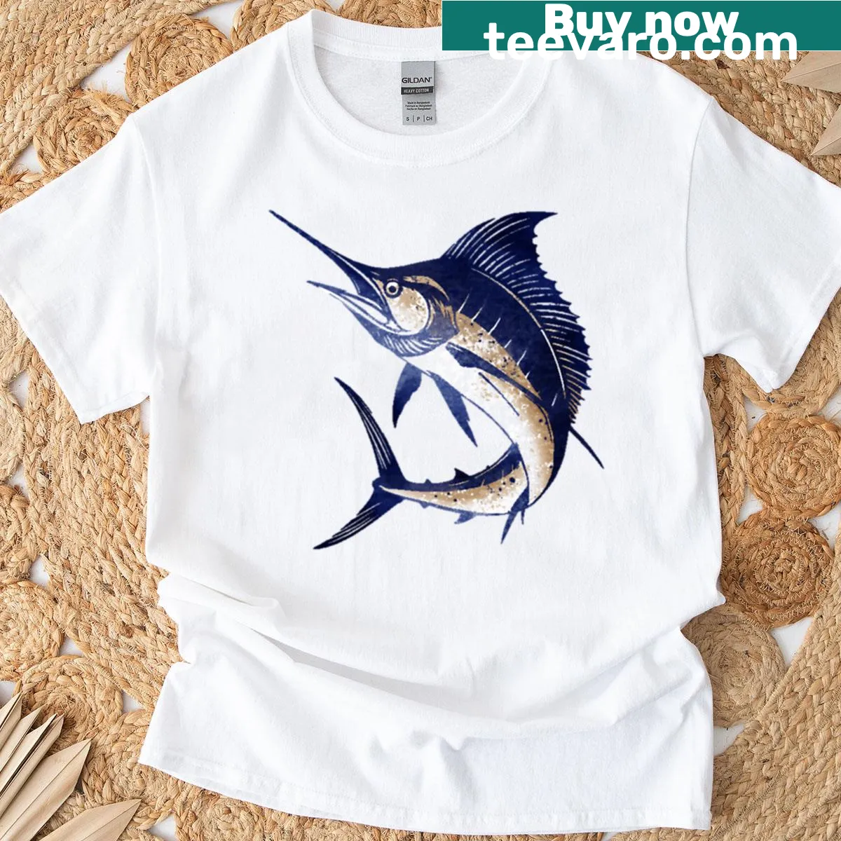 Watercolor illustration of a blue marlin on a T-shirt — on a men's t-shirt