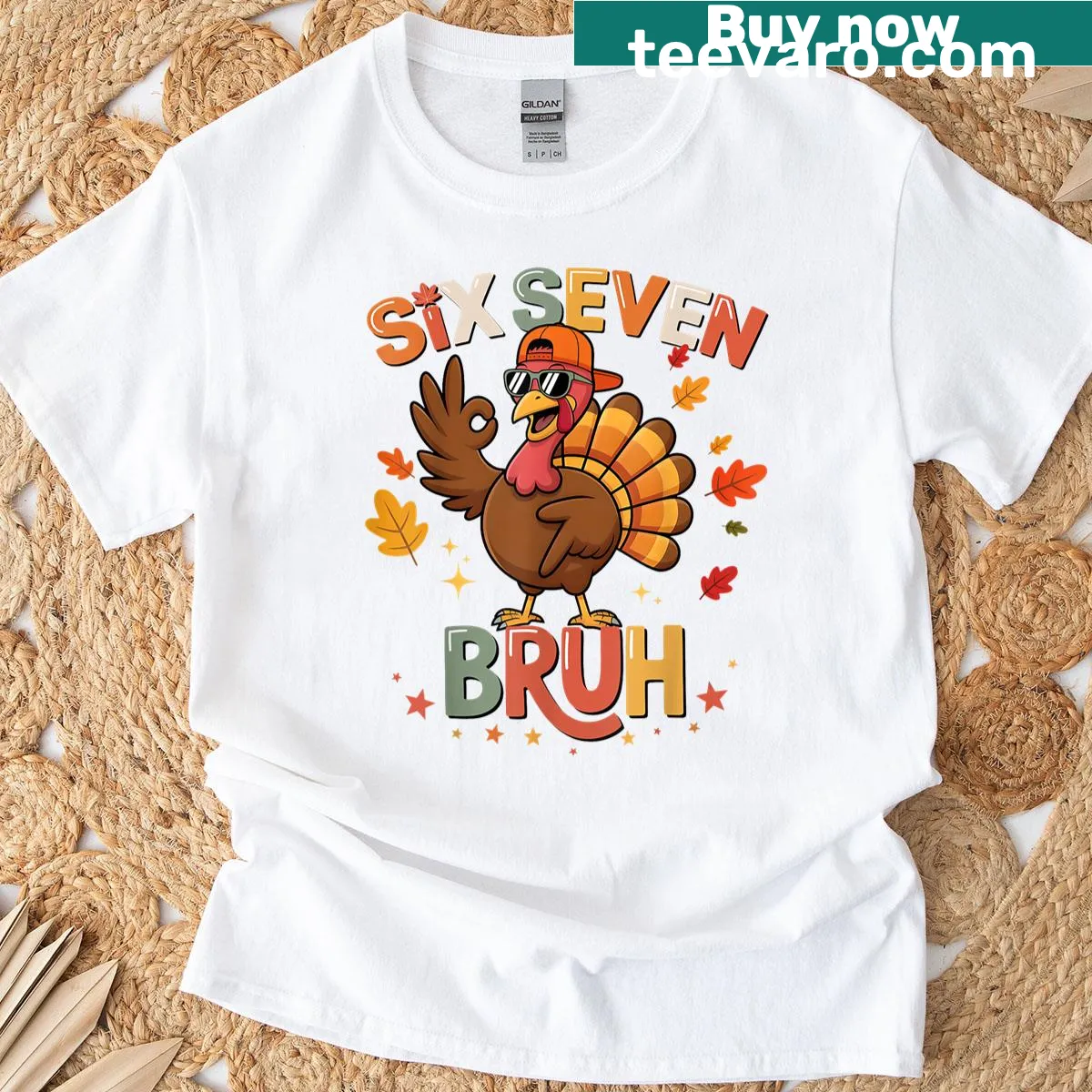 Kids Thanksgiving t-shirt with humorous turkey and 'Bruh 6 7' text — on a men's t-shirt