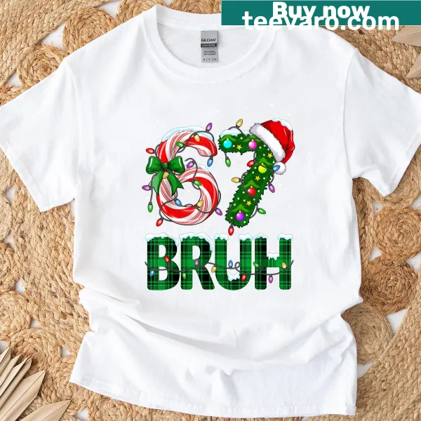 Funny 'Bruh 67' meme design with Christmas tree and candy cane