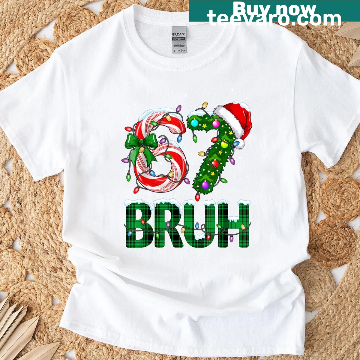 Funny 'Bruh 67' meme design with Christmas tree and candy cane — on a men's t-shirt