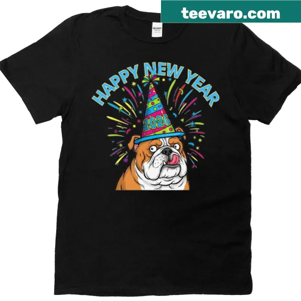 Cartoon bulldog wearing a party hat on a T-shirt.
