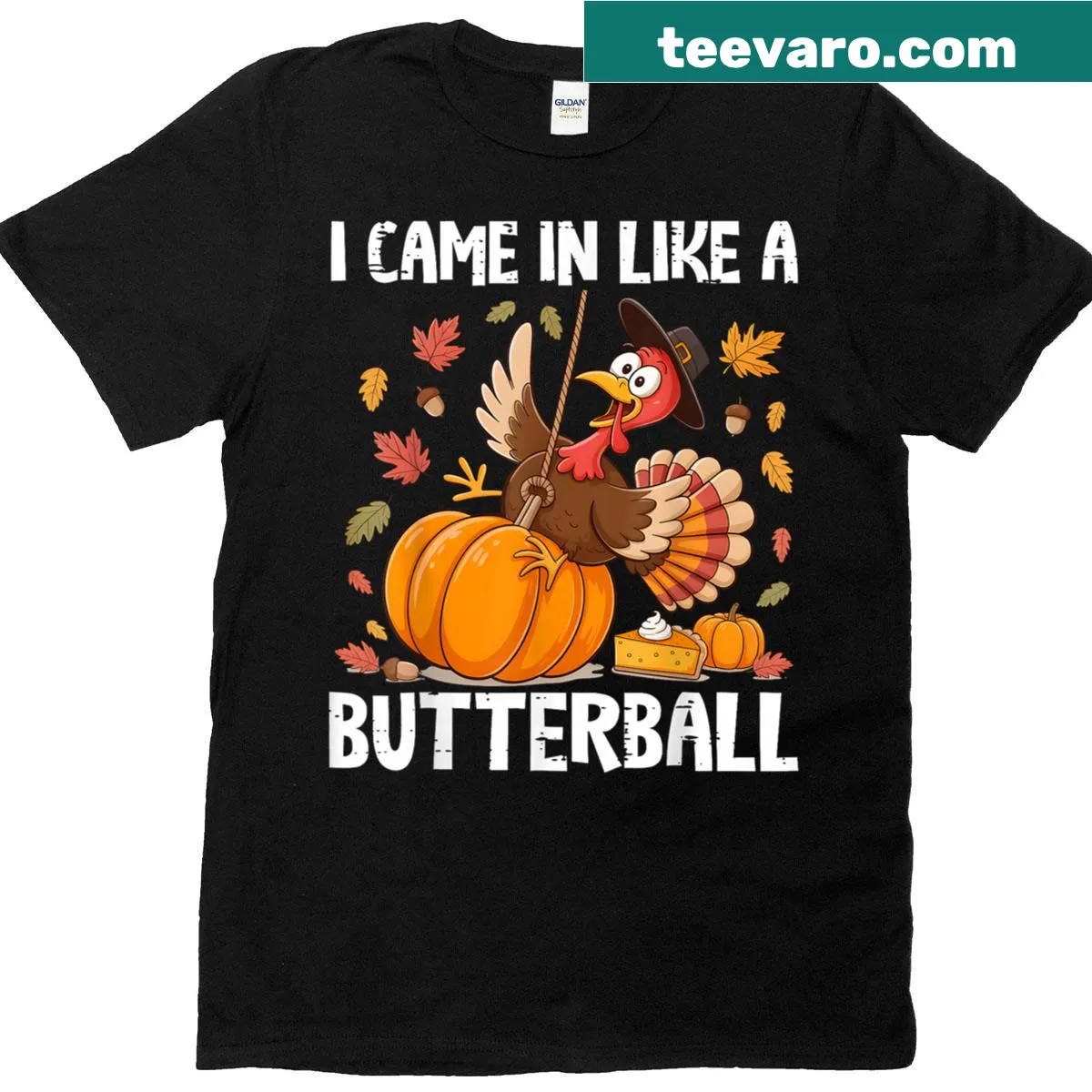 Humorous Thanksgiving graphic on a t-shirt featuring a butterball turkey — on a men's t-shirt