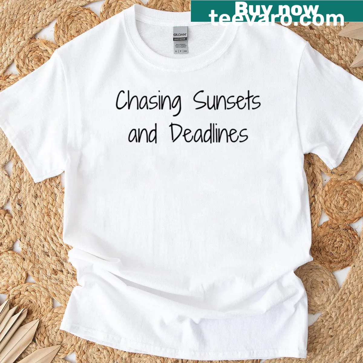 T-shirt featuring an illustration of sunsets and deadlines — on a men's t-shirt