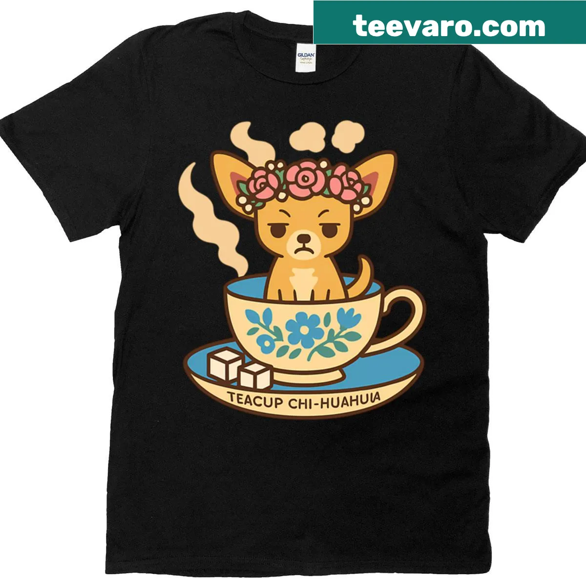 Illustration of a Chihuahua with a flower crown on a t-shirt — on a men's t-shirt