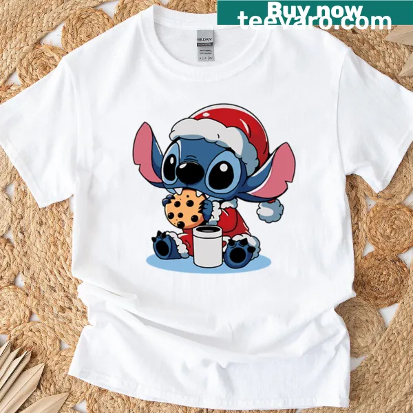 Cartoon alien in a Santa hat on a Christmas-themed t-shirt