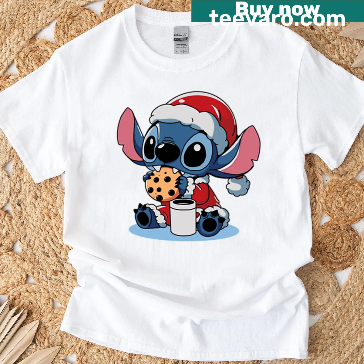Cartoon alien in a Santa hat on a Christmas-themed t-shirt — on a men's t-shirt