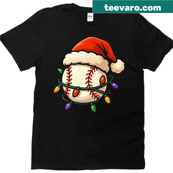 Funny baseball player design on a Christmas-themed t-shirt