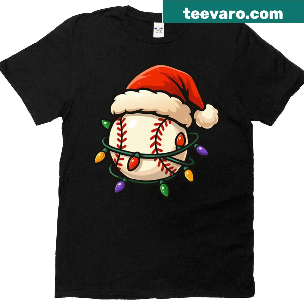 Funny baseball player design on a Christmas-themed t-shirt — on a men's t-shirt