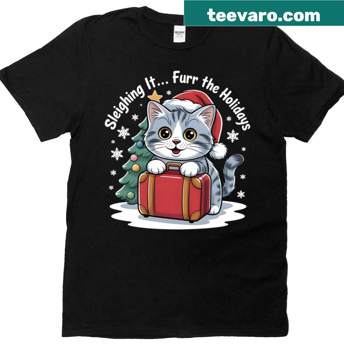 Playful holiday cat in a sleigh graphic on a t-shirt — on a men's t-shirt