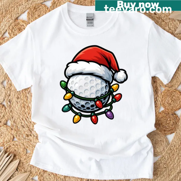 Funny Christmas T-shirt with a golf ball in a Santa hat