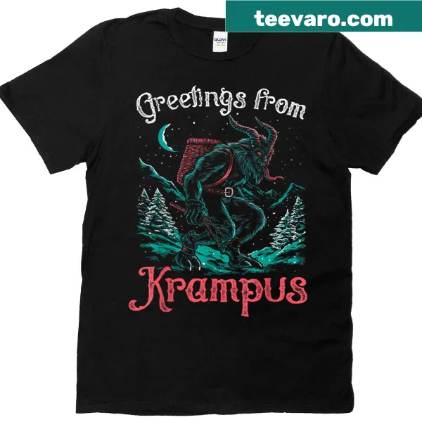 T-shirt featuring Krampus with festive holiday greetings.