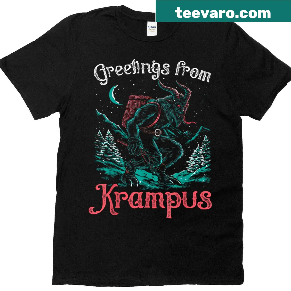 T-shirt featuring Krampus with festive holiday greetings. — on a men's t-shirt
