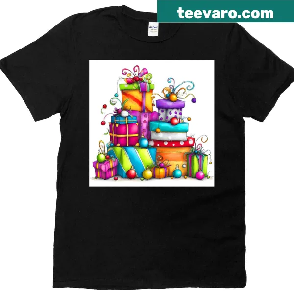 T-shirt featuring magical presents with a festive design.