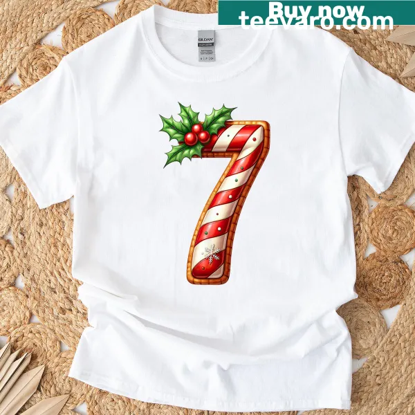 Funny Christmas Six Seven meme T-shirt with candy cane design