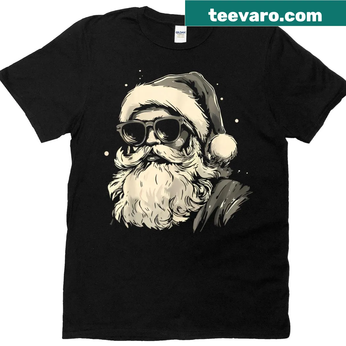 T-shirt with a cartoon Santa Claus wearing retro sunglasses. — on a men's t-shirt