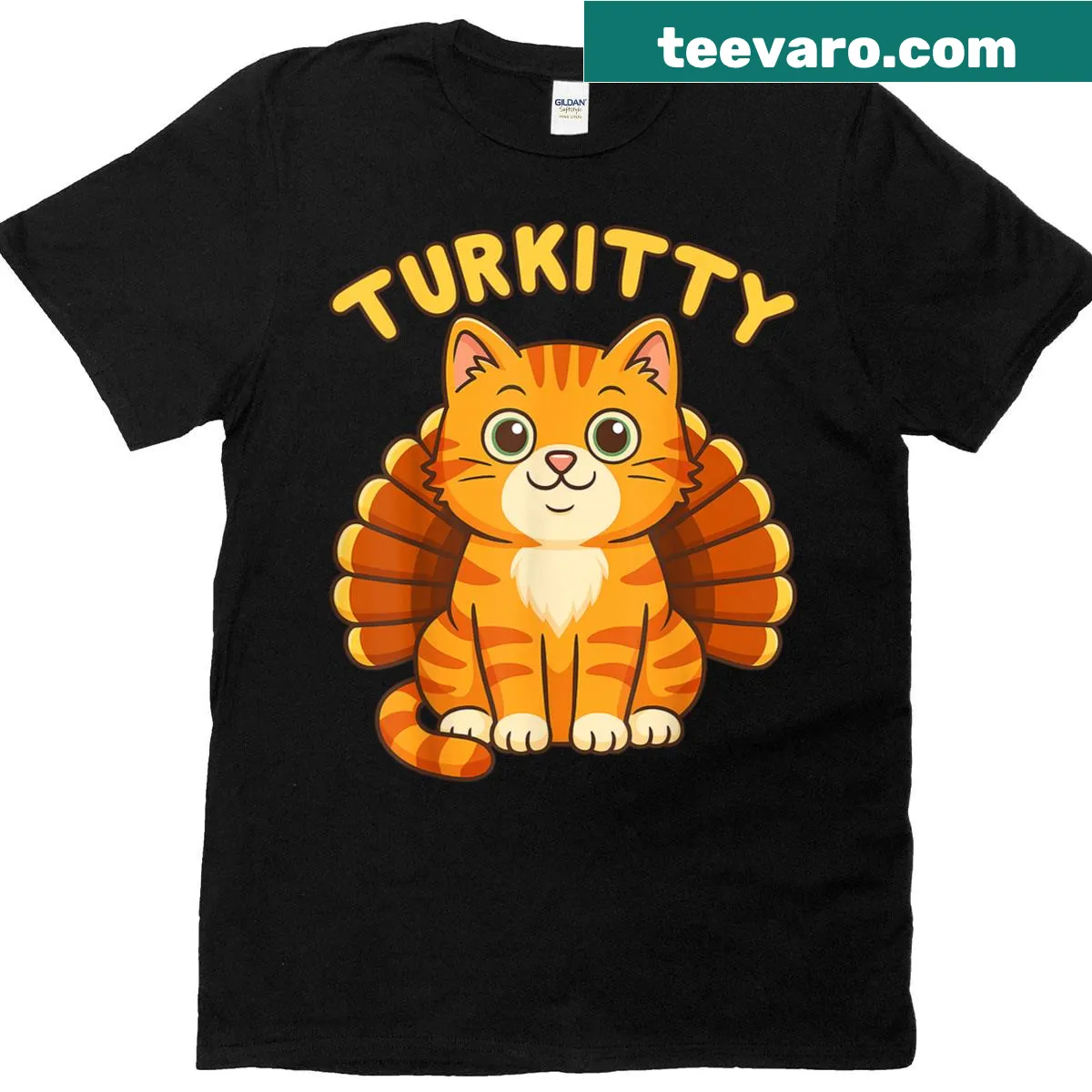 Cute cat dressed as a turkey t-shirt for Thanksgiving celebrations — on a men's t-shirt