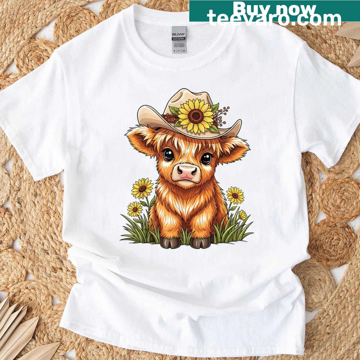 Cute Highland cow surrounded by sunflowers illustration — on a men's t-shirt
