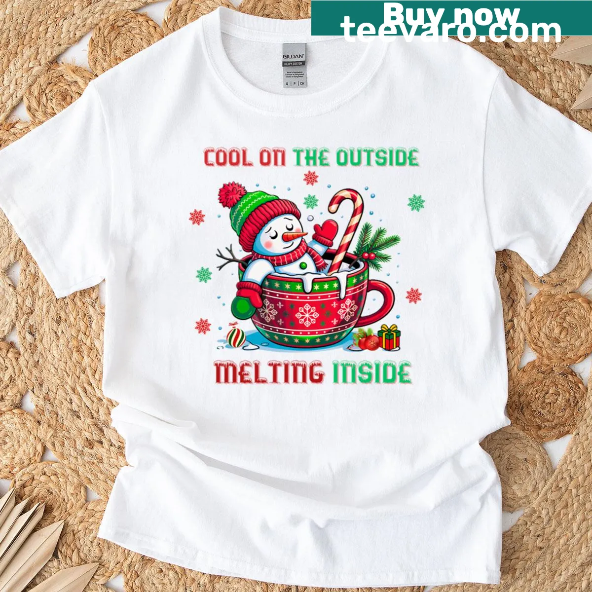 Cute snowman illustration with a mug on a T-shirt — on a men's t-shirt