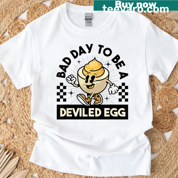 Cartoon deviled eggs design for Thanksgiving on a matching t-shirt