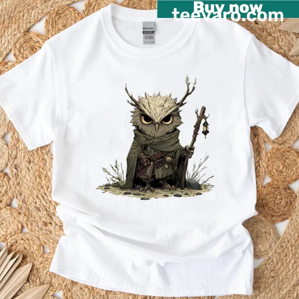 Whimsical owl druid illustration on a fantasy-themed t-shirt