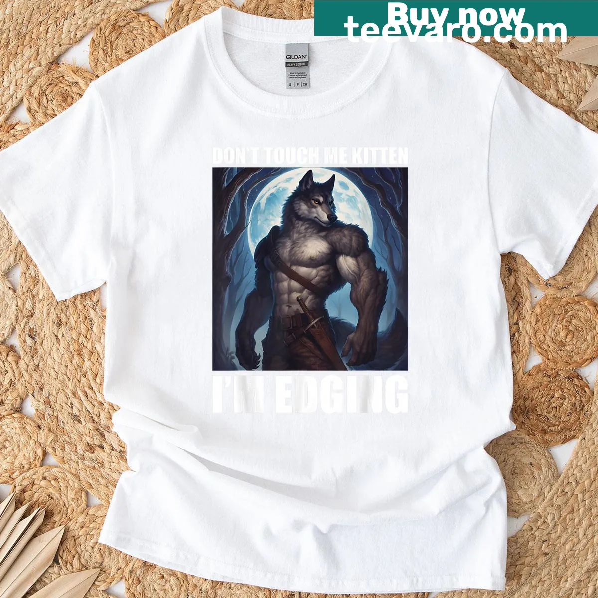 Funny 'Don't Touch Me Kitten I'm Edging' phrase on T-shirt — on a men's t-shirt