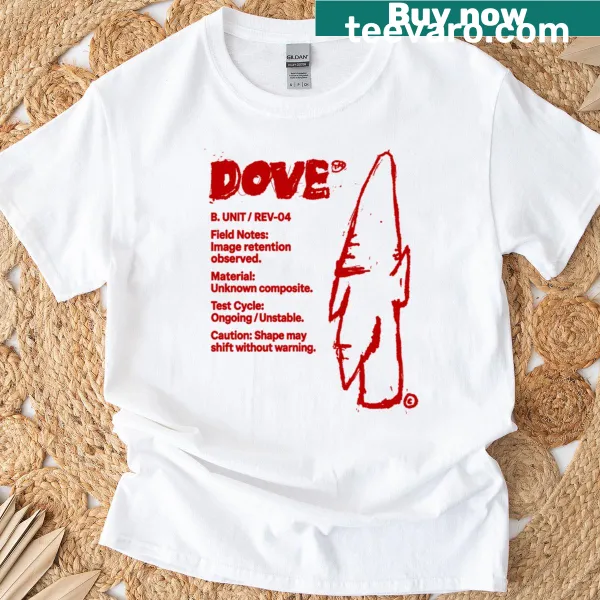 Illustrated dove spec sheet graphic on a red T-shirt