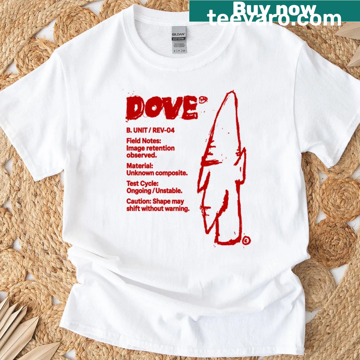 Illustrated dove spec sheet graphic on a red T-shirt — on a men's t-shirt