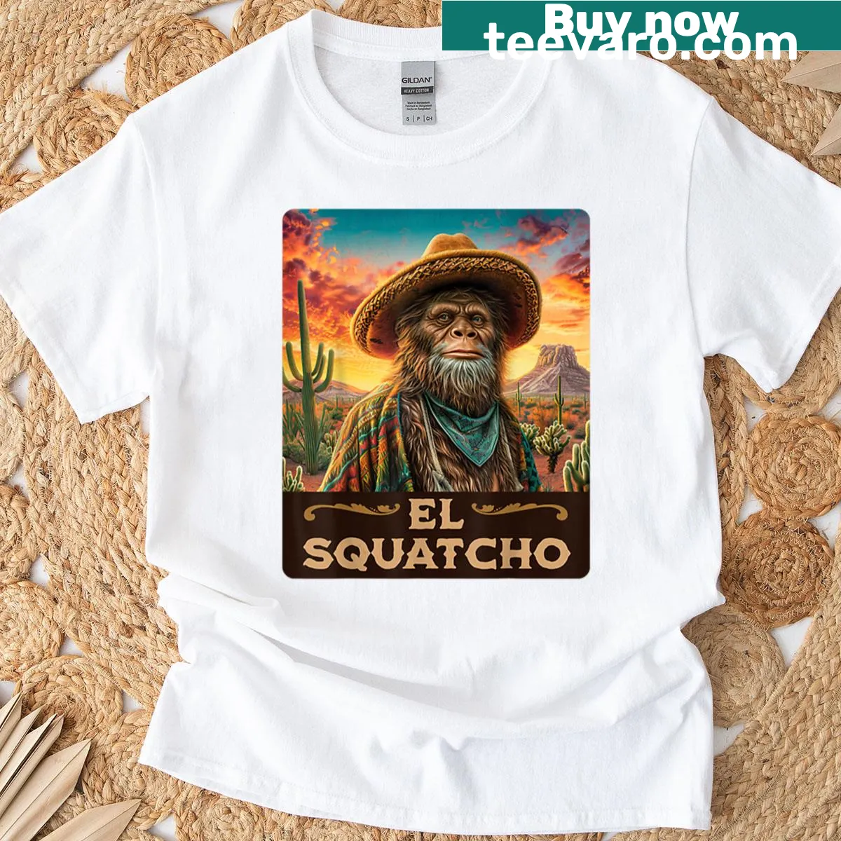 T-shirt featuring El Squatcho, a humorous Mexican Sasquatch design — on a men's t-shirt