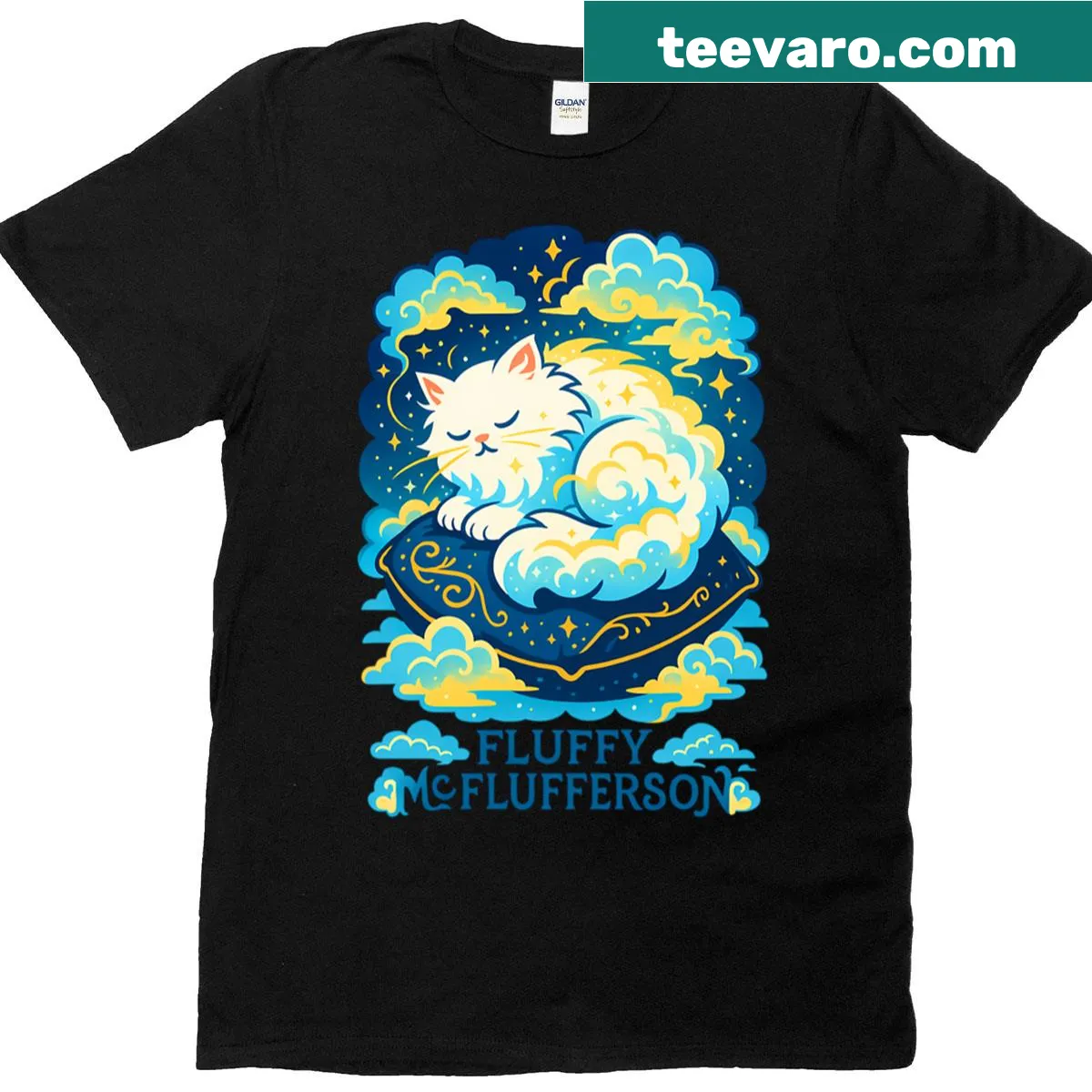 Illustration of a sleeping cat with cosmic elements around it — on a men's t-shirt