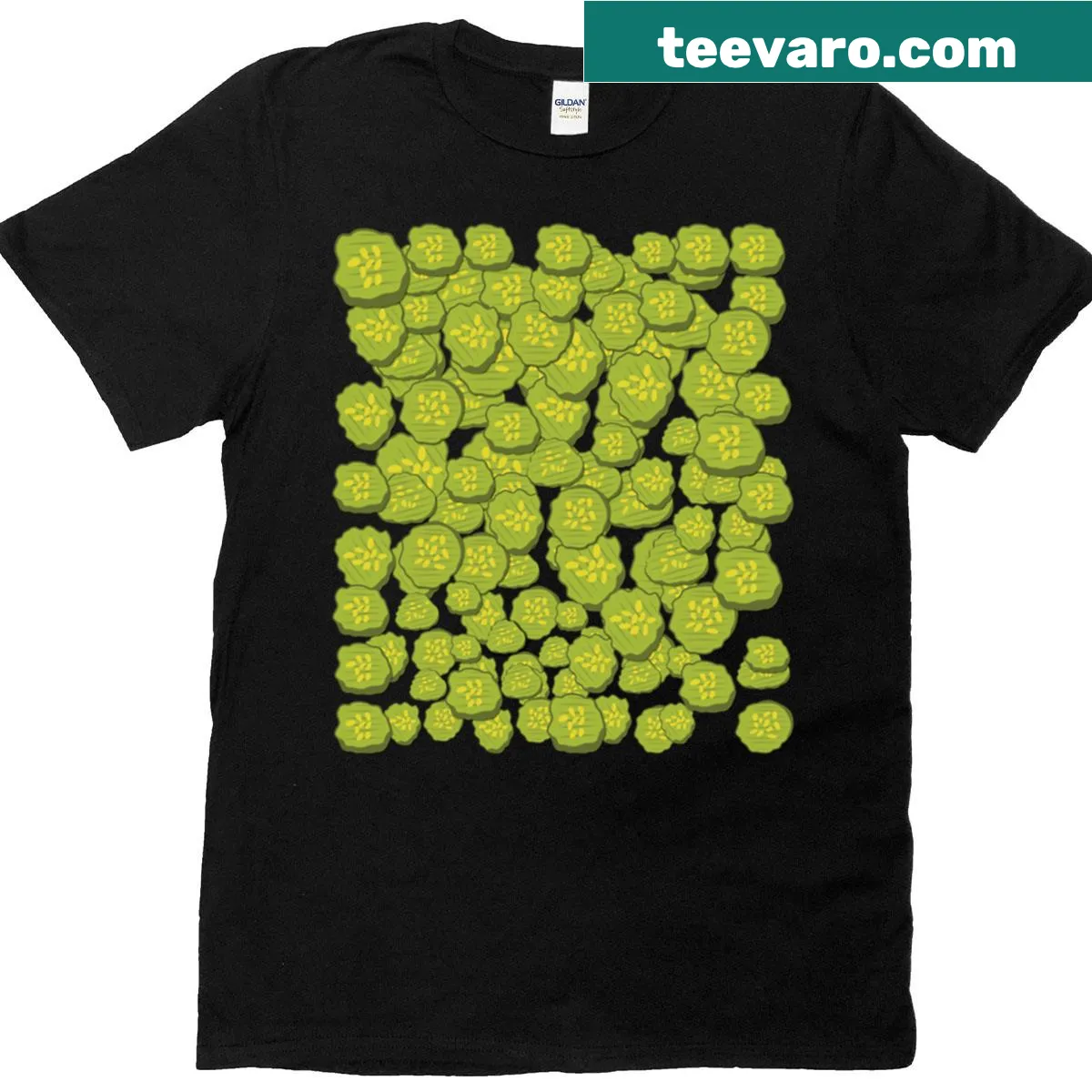 Graphic t-shirt featuring oversized pickles illustration — on a men's t-shirt