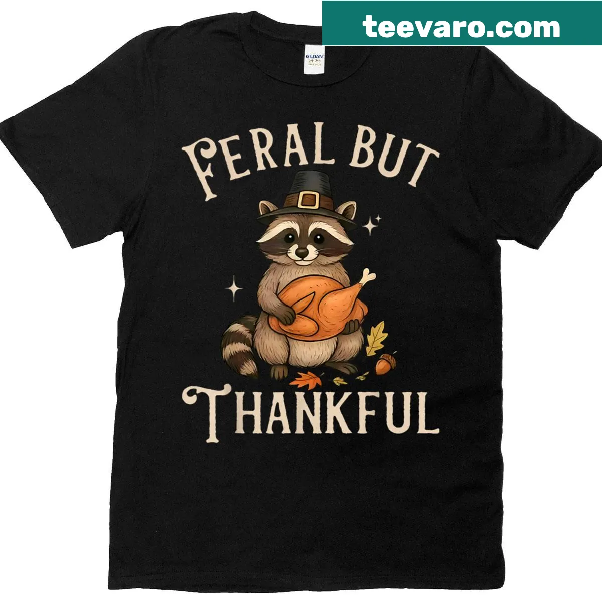 Thanksgiving t-shirt featuring a funny raccoon illustration and text — on a men's t-shirt
