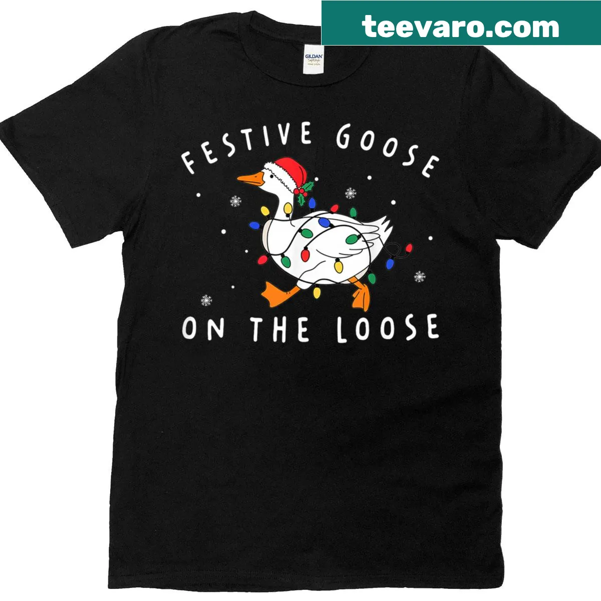 Funny Christmas T-shirt with a festive goose among lights — on a men's t-shirt