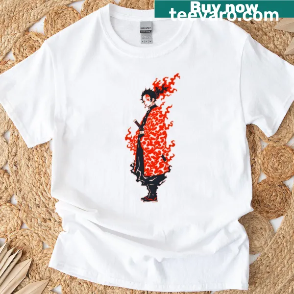 Graphic T-shirt featuring a fiery warrior in red tones