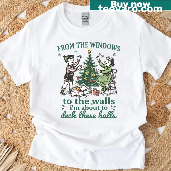 Playful Christmas t-shirt with lyrics about decorating for the holidays