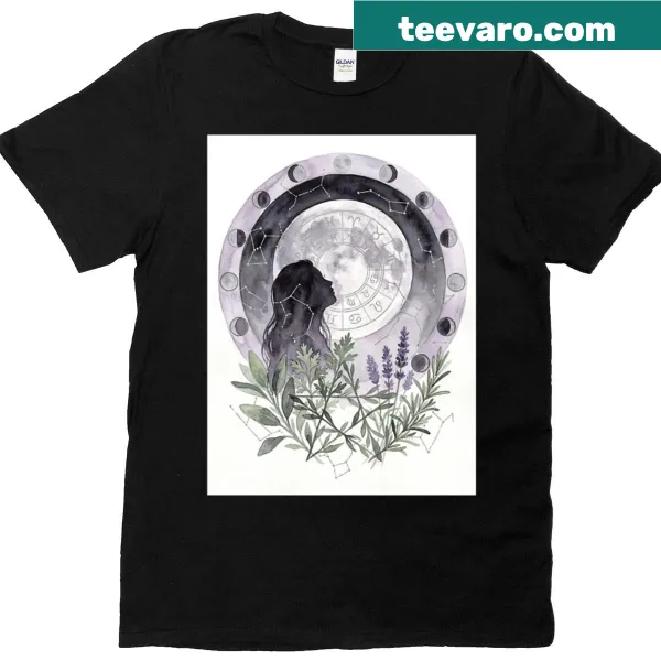 Zodiac-themed t-shirt featuring full moon and herbal illustrations