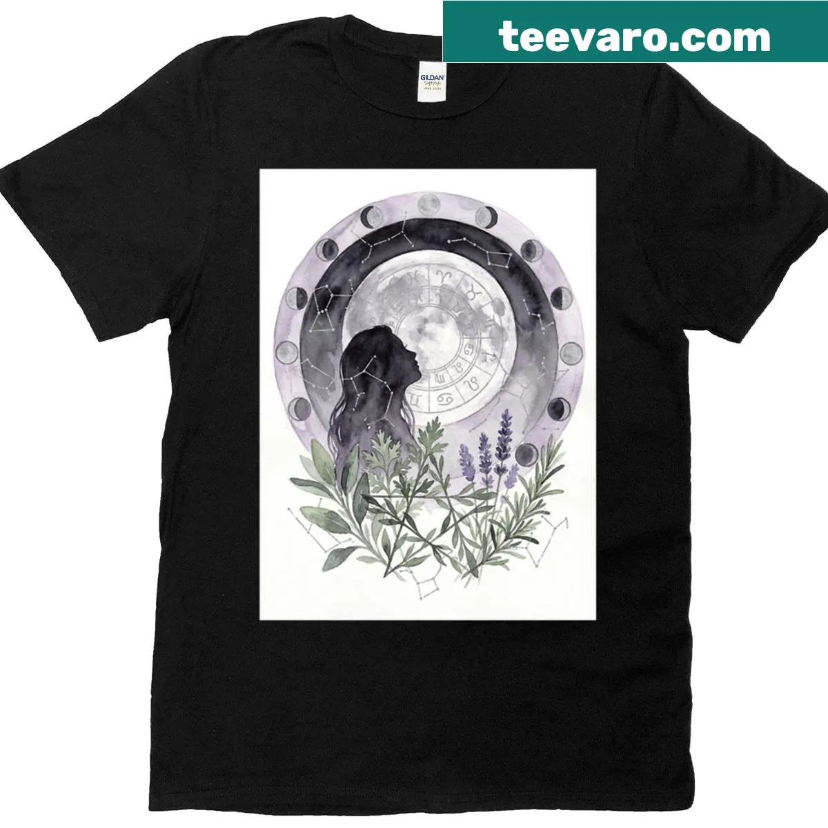 Zodiac-themed t-shirt featuring full moon and herbal illustrations — on a men's t-shirt