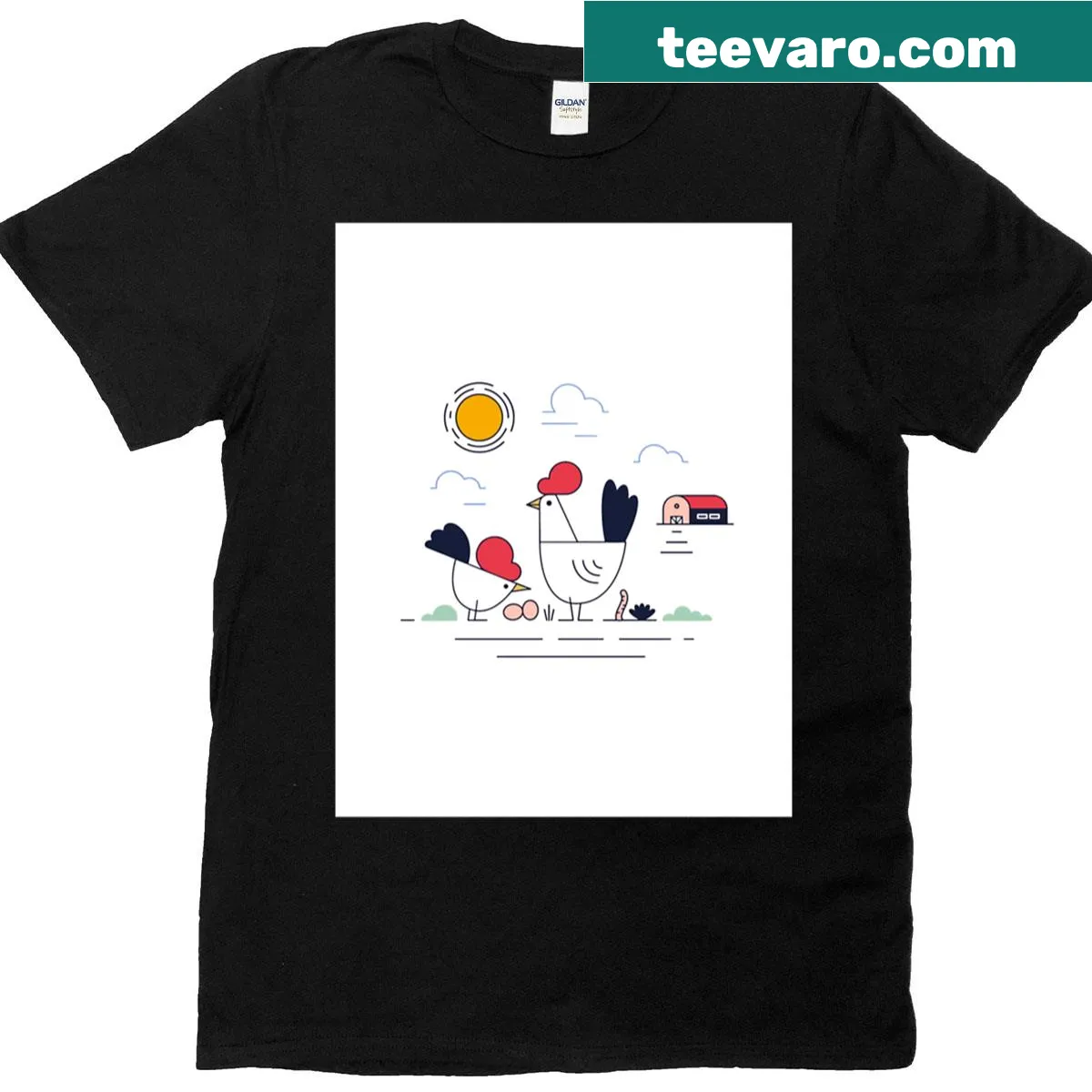 Playful cartoon design featuring funky chickens — on a men's t-shirt